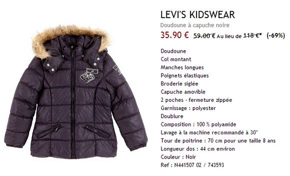 Doudoune enfant a capuche Levis Kidswear