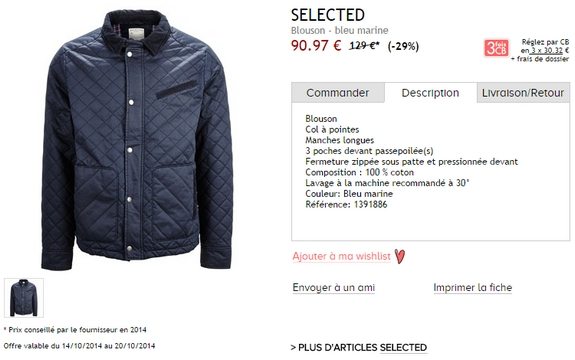 blouson matelasse selected bleu marine