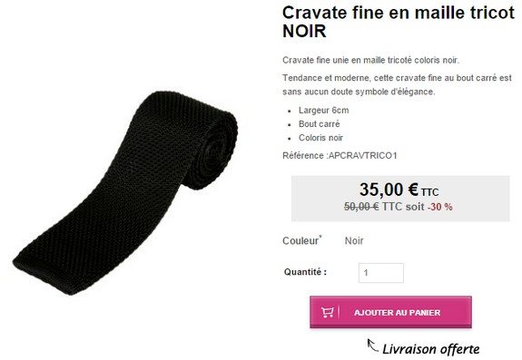 cravate fine unie noire en maille tricotée bout carré