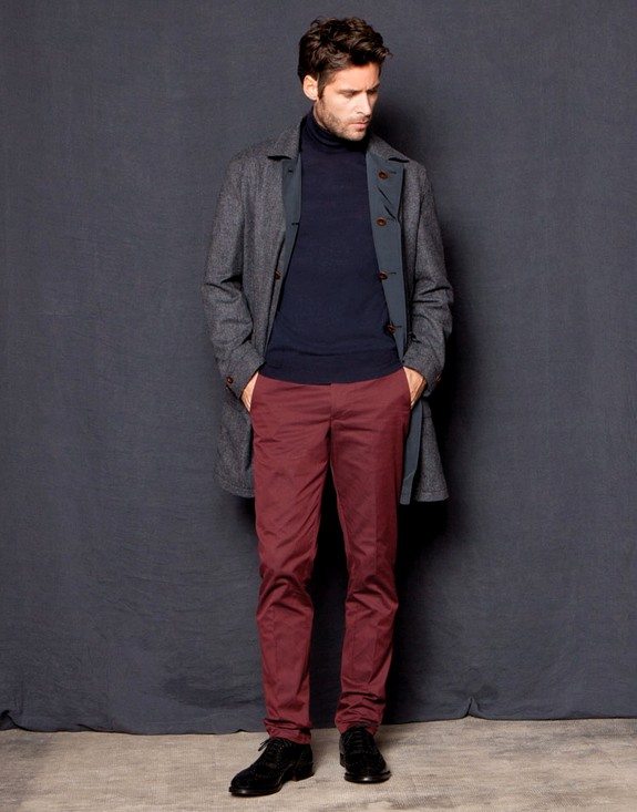 look homme manteau long pantalon chino rouge